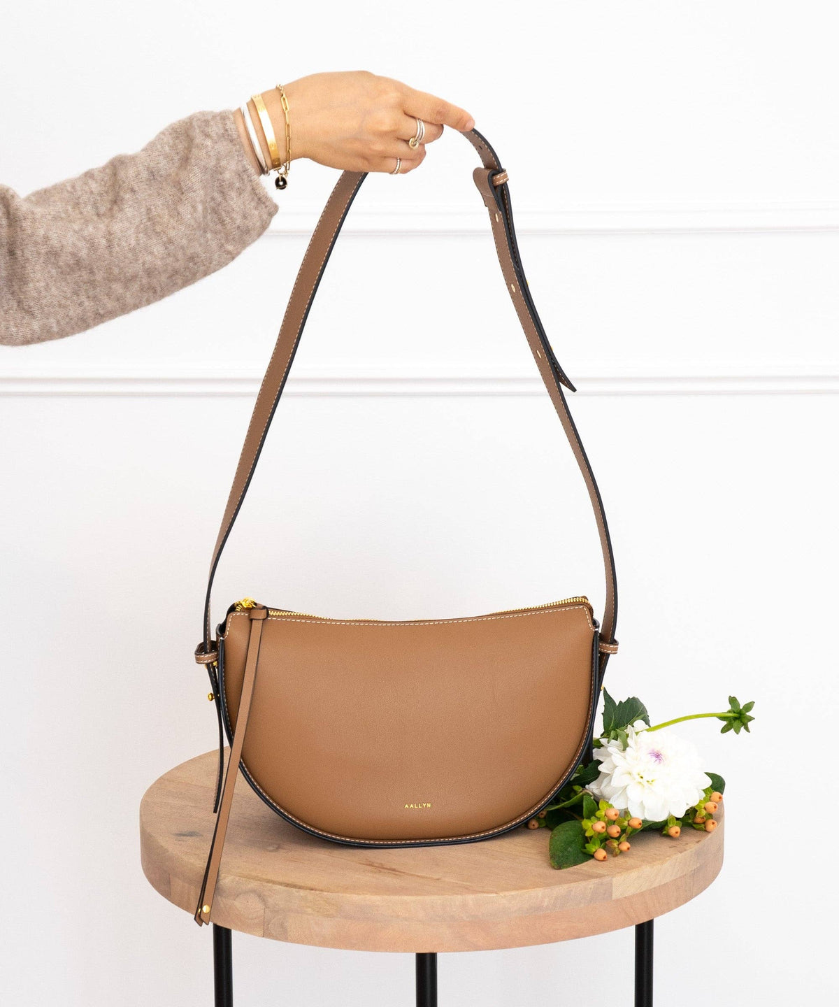 Elara Convertible Bag - Genuine Leather: Tobacco/Gold