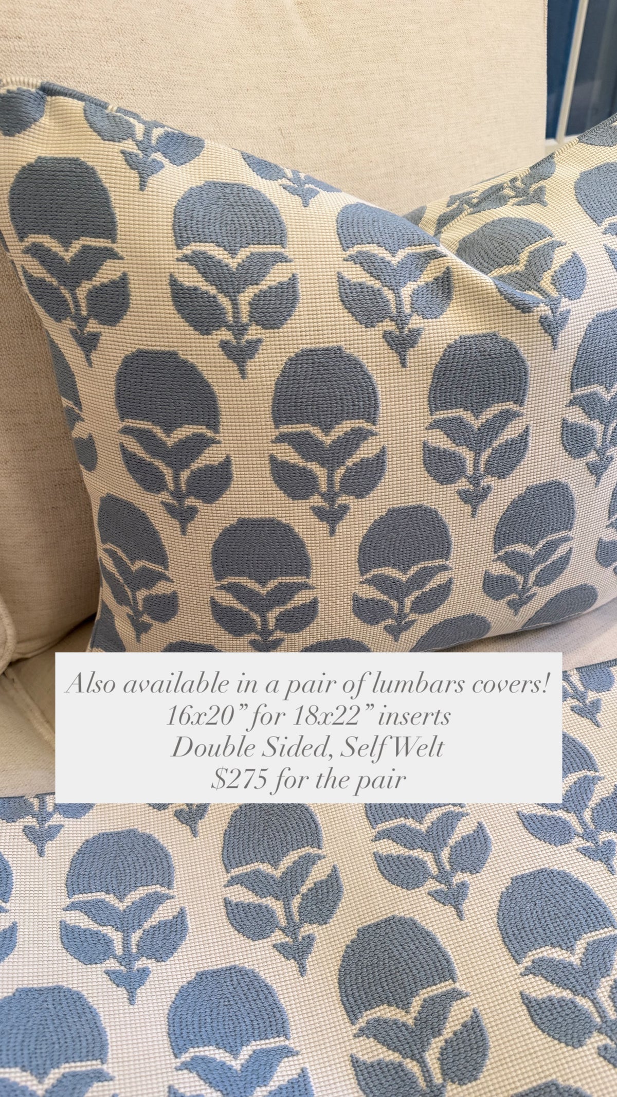 Pair of Anna French Marguerite Sky Covers, double sided and self welt, 16x20” for 18x22” inserts