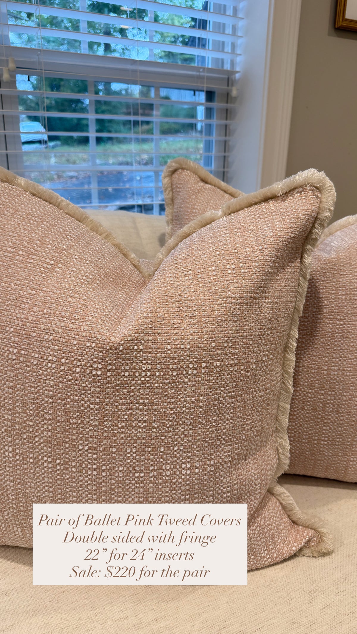 Pair of Ballet Tweed Covers, double sided with fringe, 22” for 24” inserts