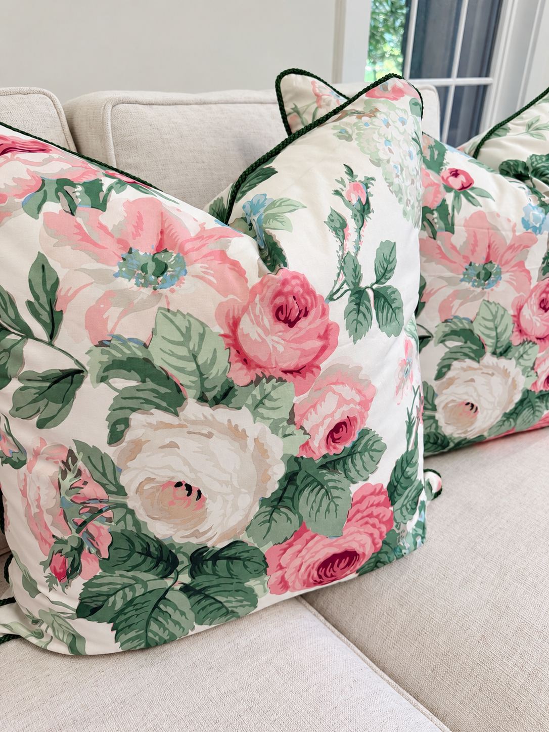 Pair of Schumacher Nancy Floral Petal Covers, double sided and green cording, 22” for 24” inserts