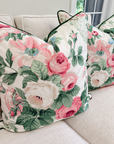 Pair of Schumacher Nancy Floral Petal Covers, double sided and green cording, 22” for 24” inserts