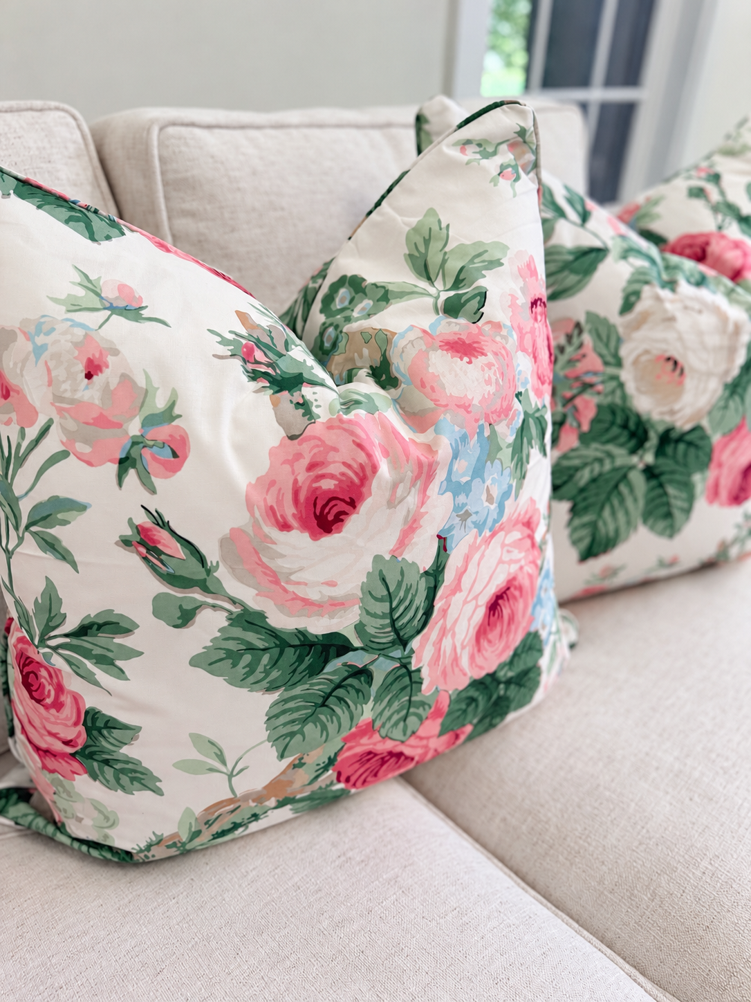 Pair of Schumacher Nancy Floral Petal Covers, double sided and self welt, 22” for 24” inserts