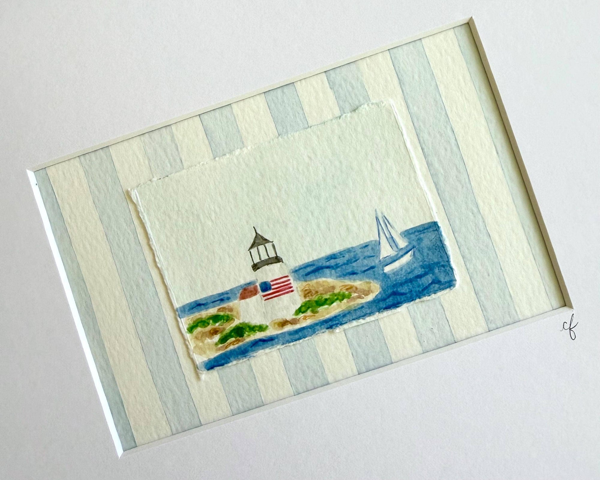 Nantucket Lighthouse Watercolor Painting with Matte Frame: Blue Stripes / 8x10 Frame