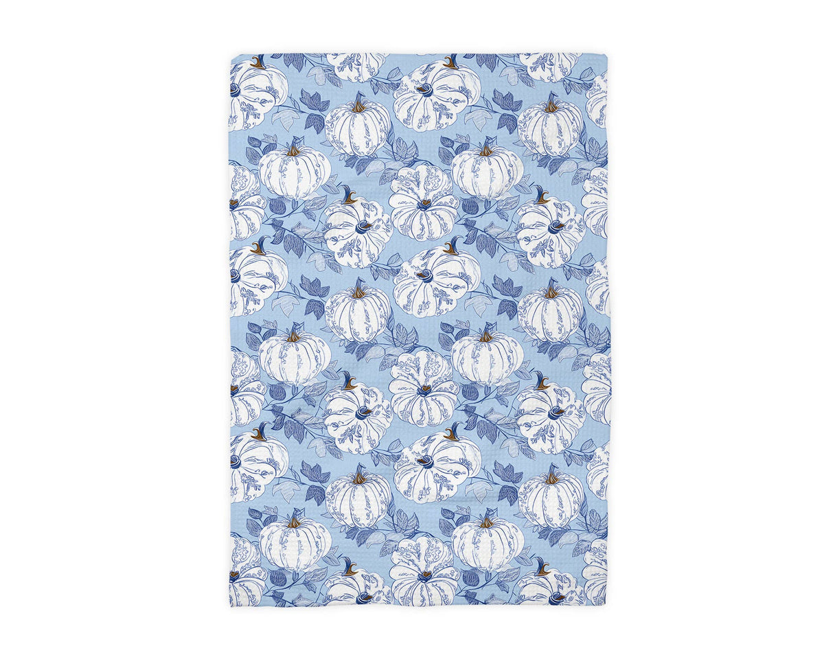 Blue Pumpkin Chinoiserie Fall Coastal Kitchen Towel Waffle