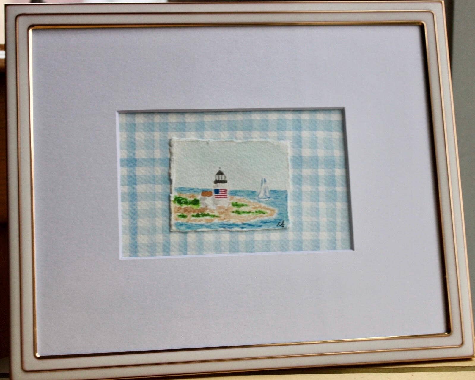 Nantucket Lighthouse Watercolor Painting with Matte Frame: Blue Stripes / 8x10 Frame