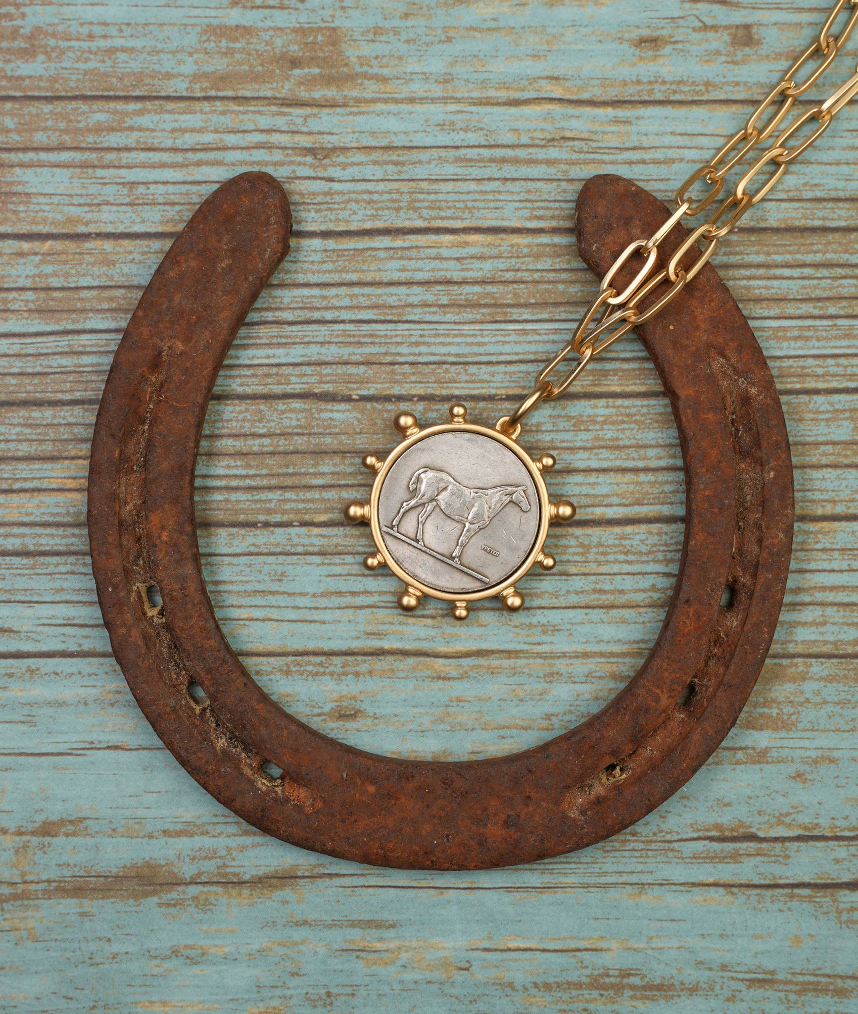 Horse Coin Pendant on Matte Gold Paperclip Chain Necklace