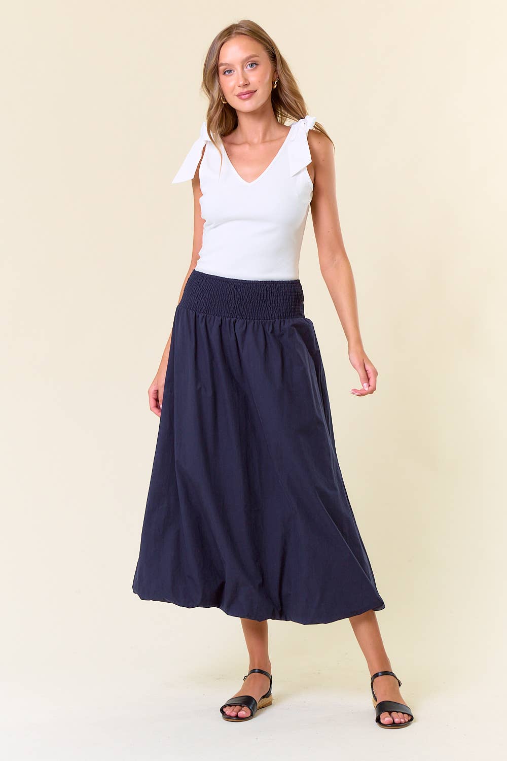 Smocked Wide Waistband Bubble Hem Maxi Skirt - MIDNIGHT