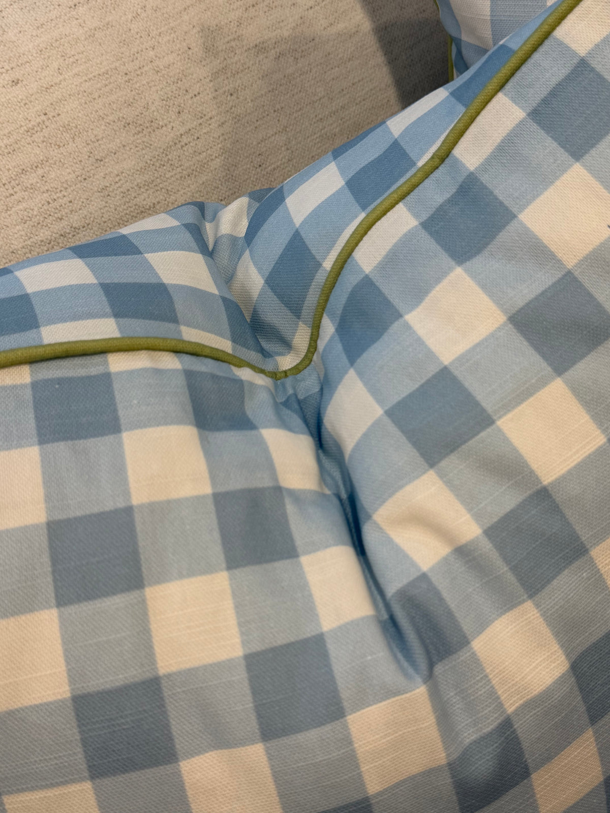 Set of 3 Covers, Blue and White Check, double sided with green welt, 22” for 24” inserts