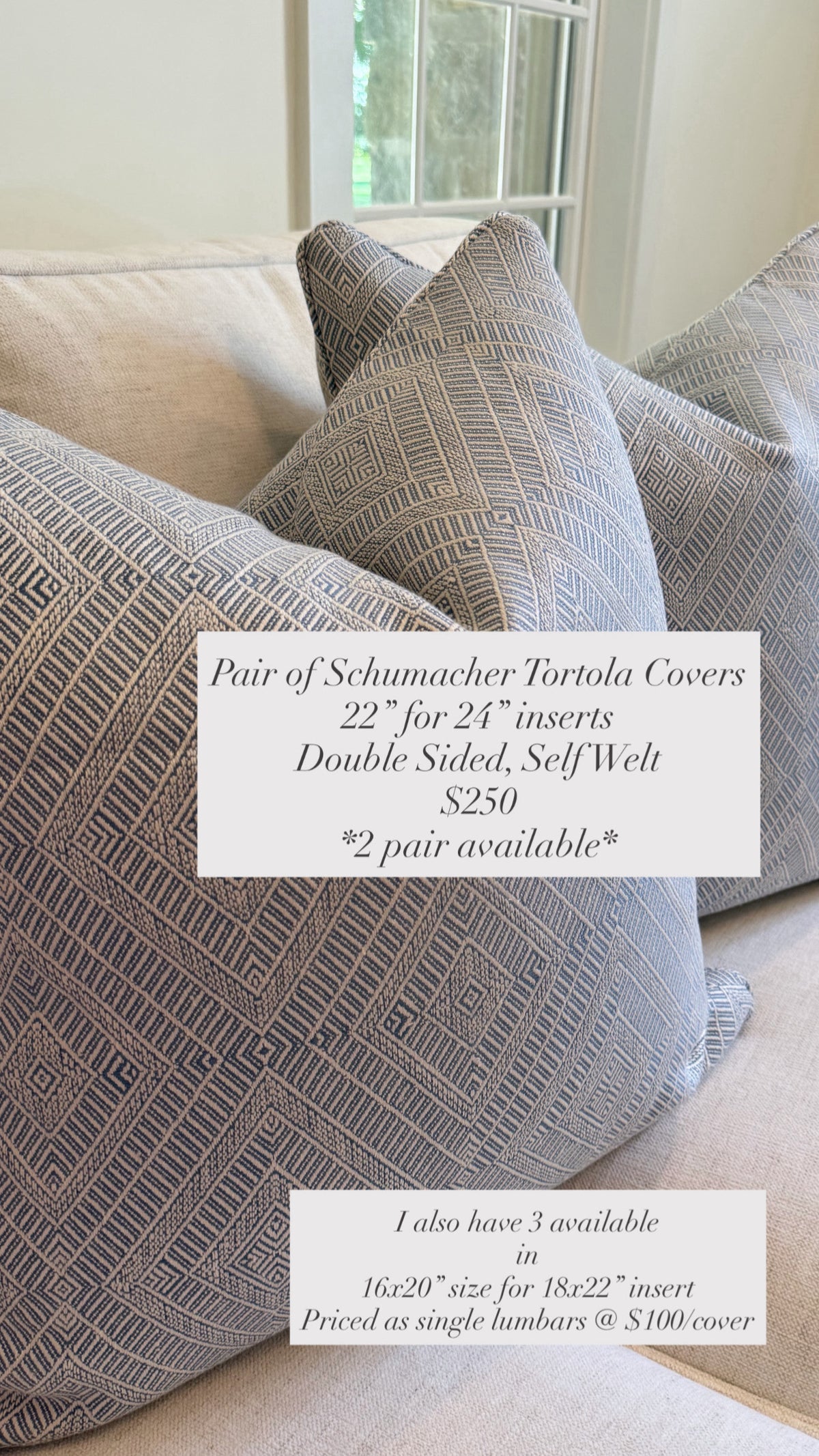 Pair of Schumacher Tortola Covers, 22” for 24” inserts