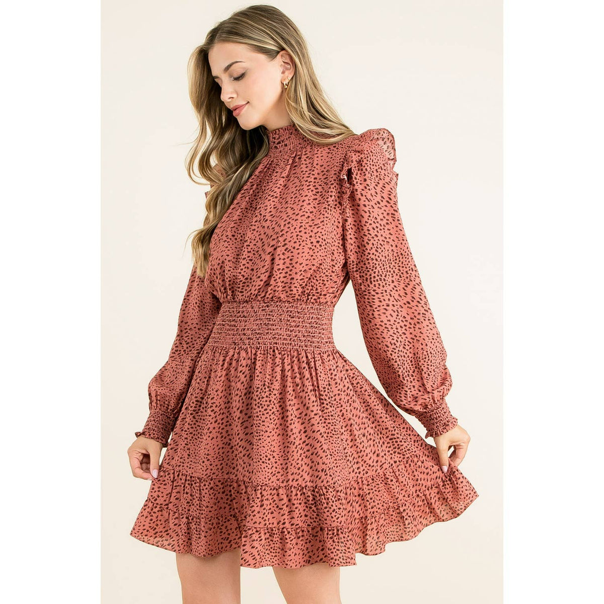 Smock Neck Ruffle Dress: MAUVE