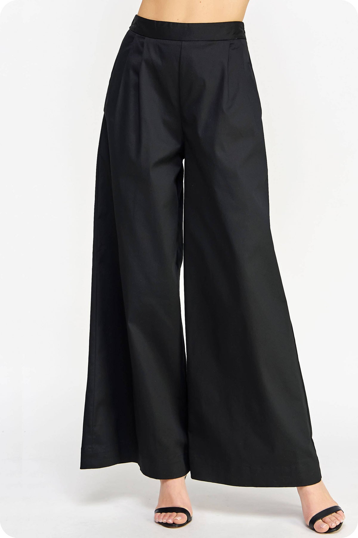 Pleat Detail Wide Leg Twill Pants: Black