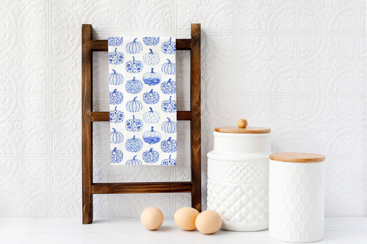 Toile Blue Pumpkins Towel - Chinoiserie Fall Tea Towel