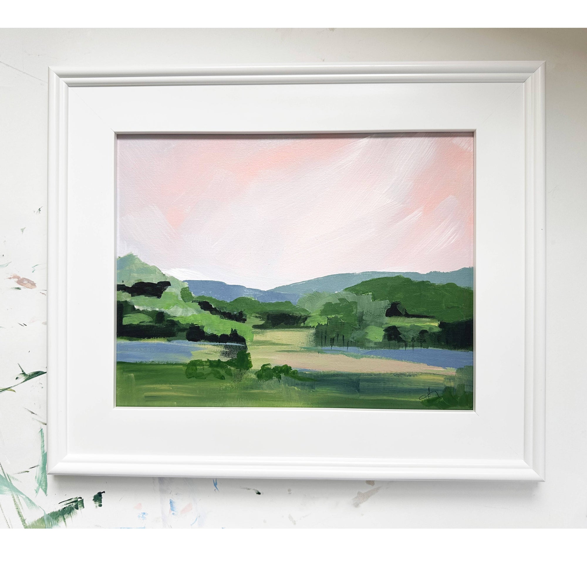 Stockbridge, Late Summer, Pink Landscape Painting, Framed