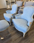 Newly Reupholstered French Louis XV Pair of Arm Chairs & Foot Stool, ft. Kravet Fabric