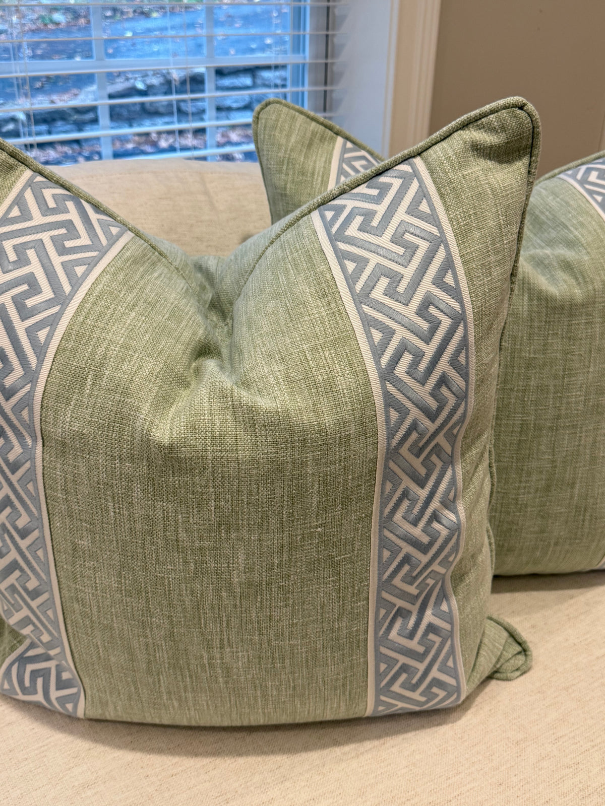 Pair of Leaf Green Covers, double sided with self welt and double tape, 22” for 24” inserts