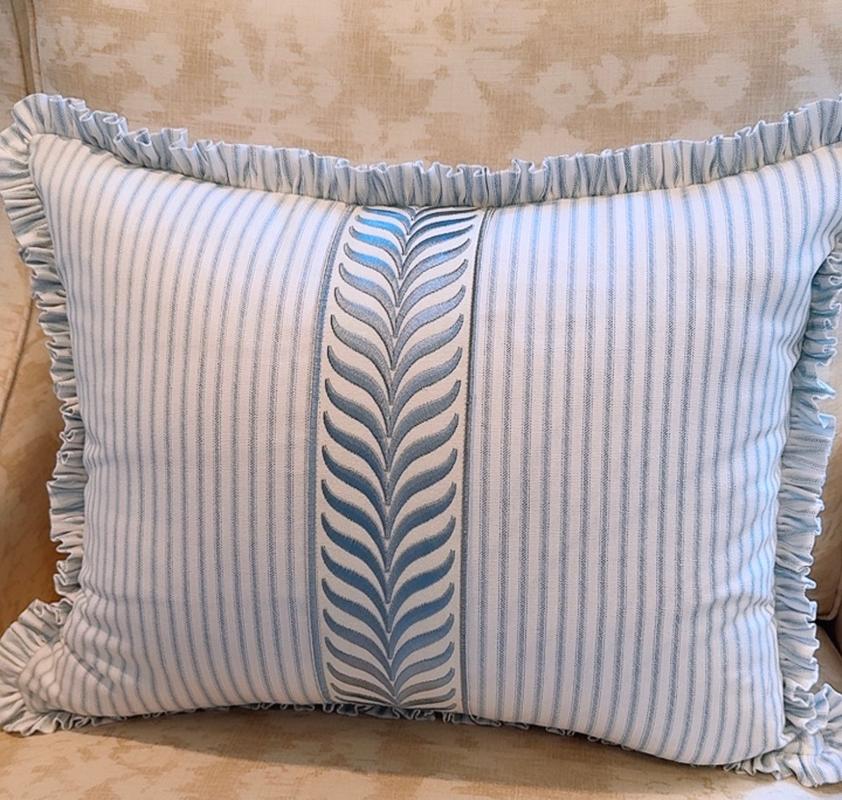 Single Ticking Stripe Lumbar, ft. tape and ruffle, 16x20” for 18x22” inserts, 3 available
