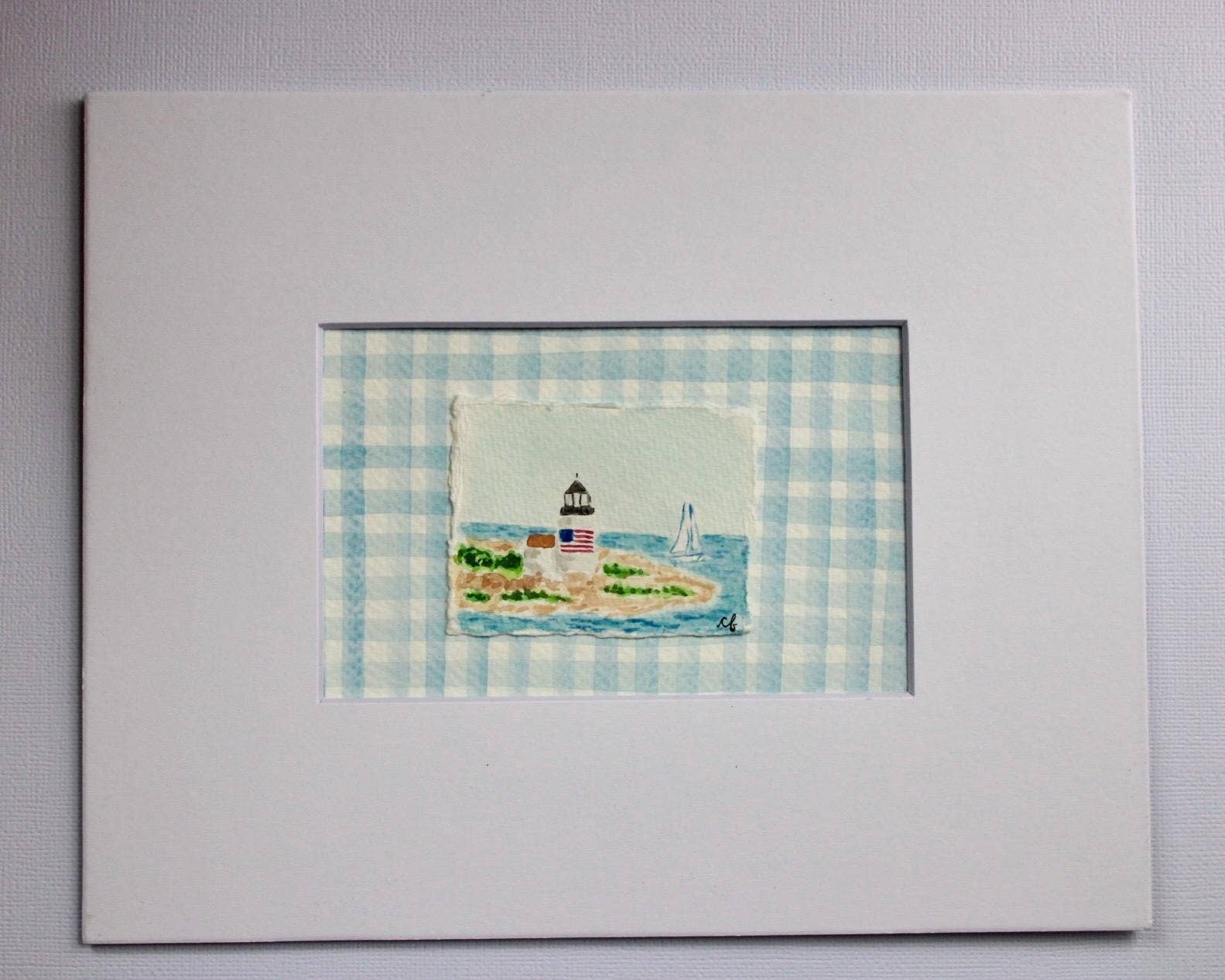 Nantucket Lighthouse Watercolor Painting with Matte Frame: Blue Stripes / 8x10 Frame