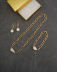 Matte Gold Paperclip Chain & Baroque Pearl Bracelet