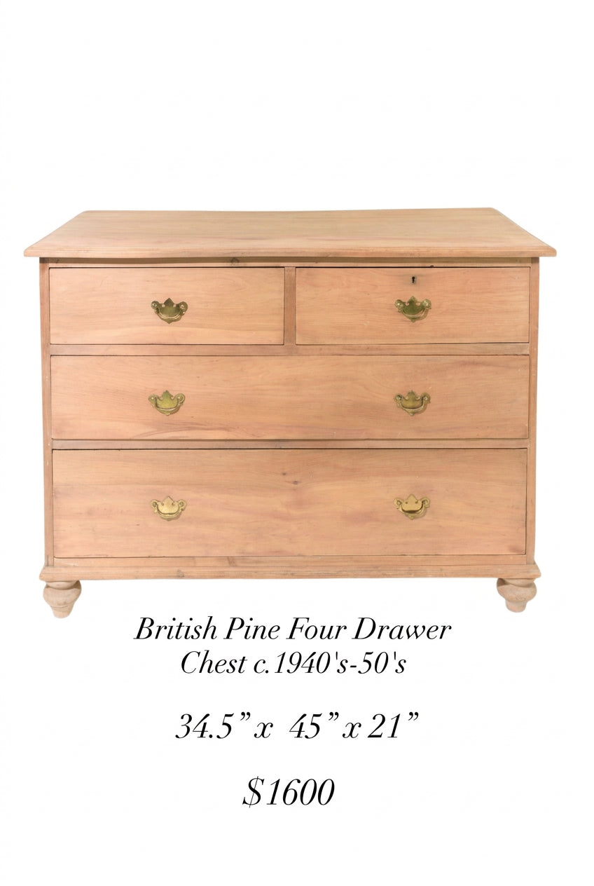 Vintage British Pine Four Drawer Dresser, Shipping TBD