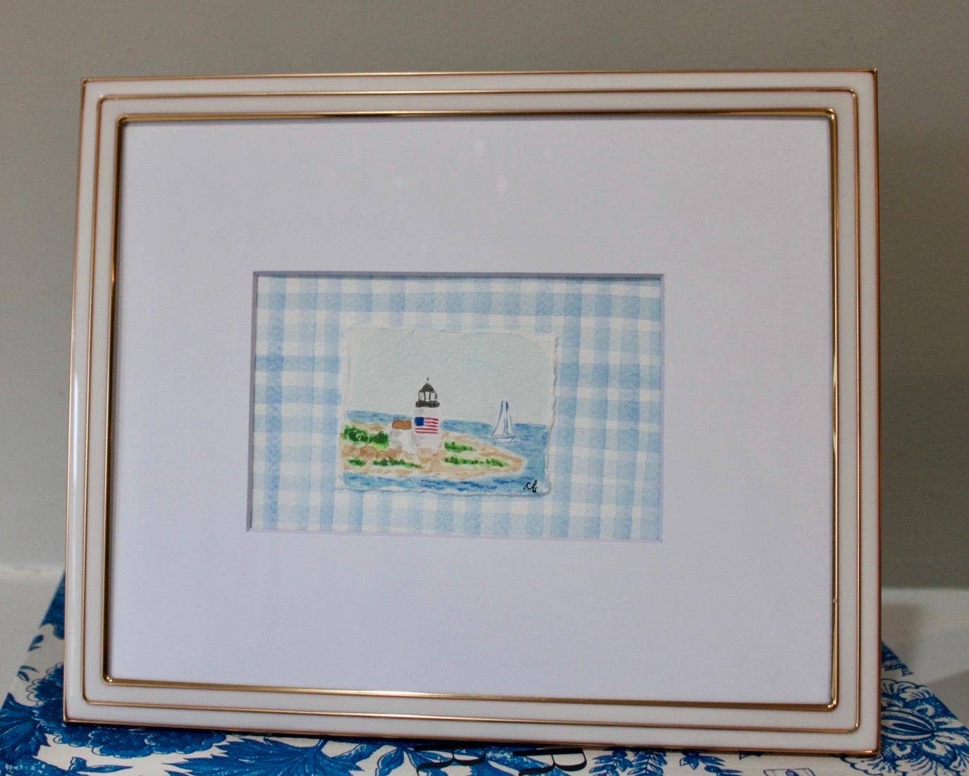 Nantucket Lighthouse Watercolor Painting with Matte Frame: Blue Stripes / 8x10 Frame