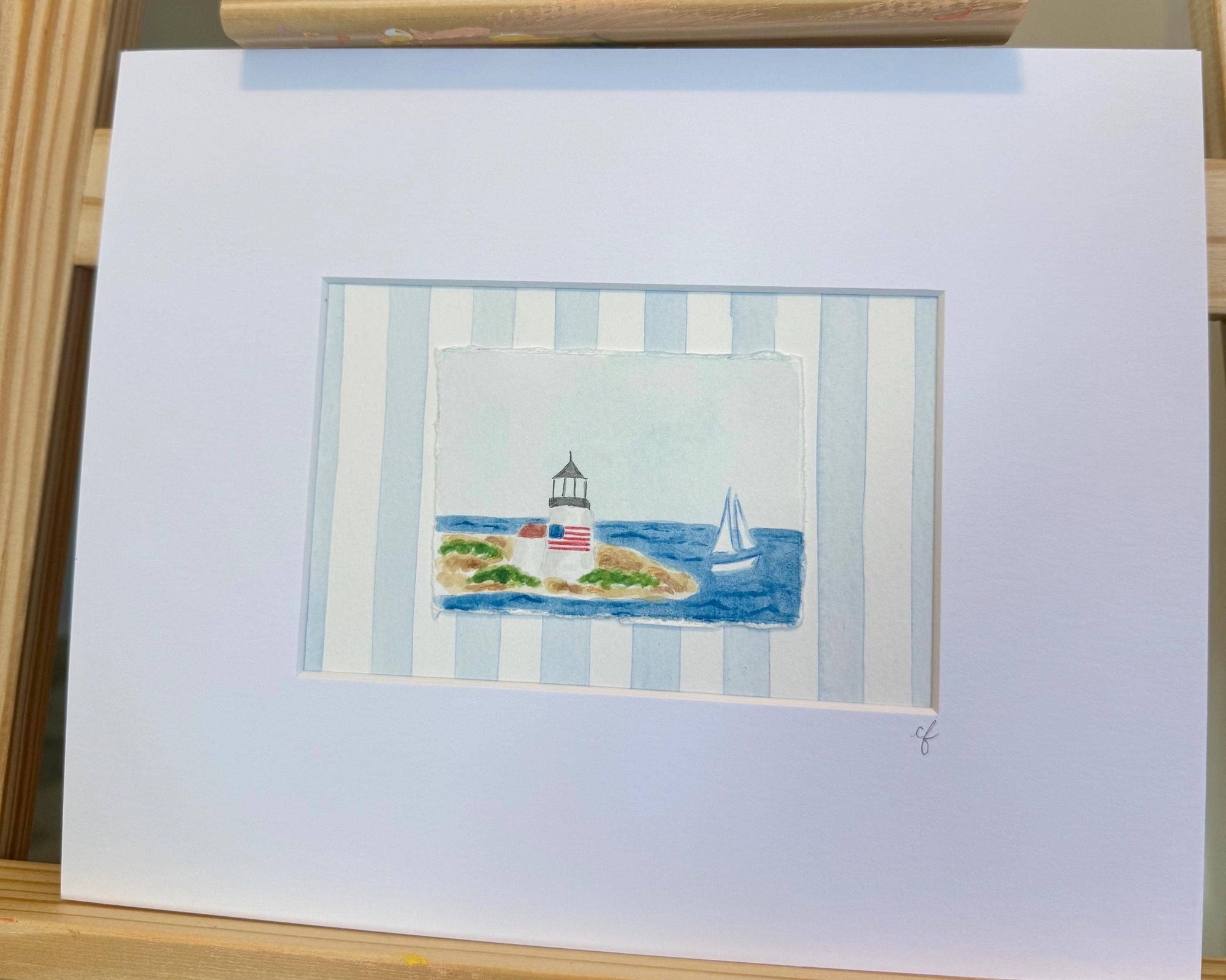 Nantucket Lighthouse Watercolor Painting with Matte Frame: Blue Stripes / 8x10 Frame