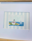 Nantucket Lighthouse Watercolor Painting with Matte Frame: Blue Stripes / 8x10 Frame