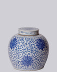 Blue and White Porcelain Scrolling Lotus Round Lidded Jar