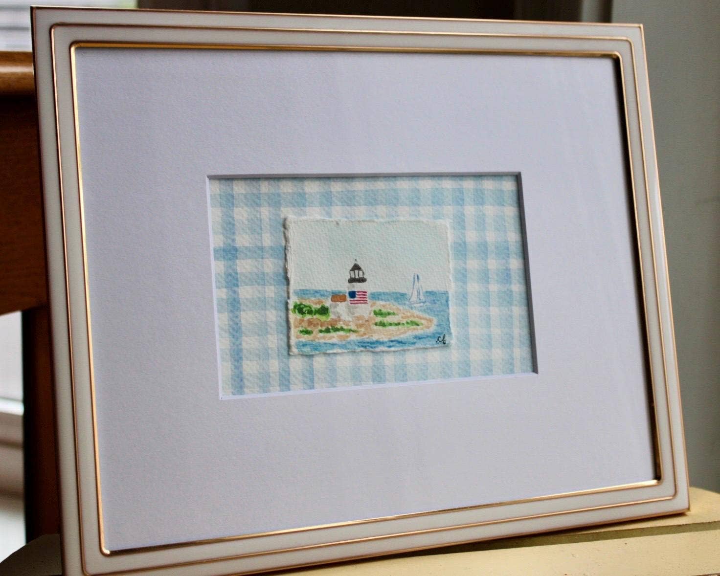 Nantucket Lighthouse Watercolor Painting with Matte Frame: Blue Stripes / 8x10 Frame