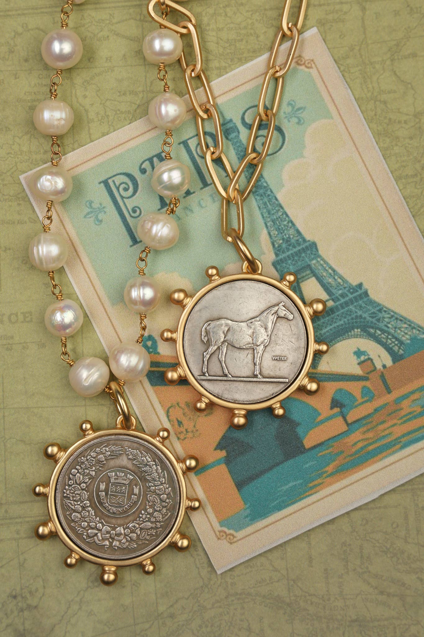 Horse Coin Pendant on Matte Gold Paperclip Chain Necklace