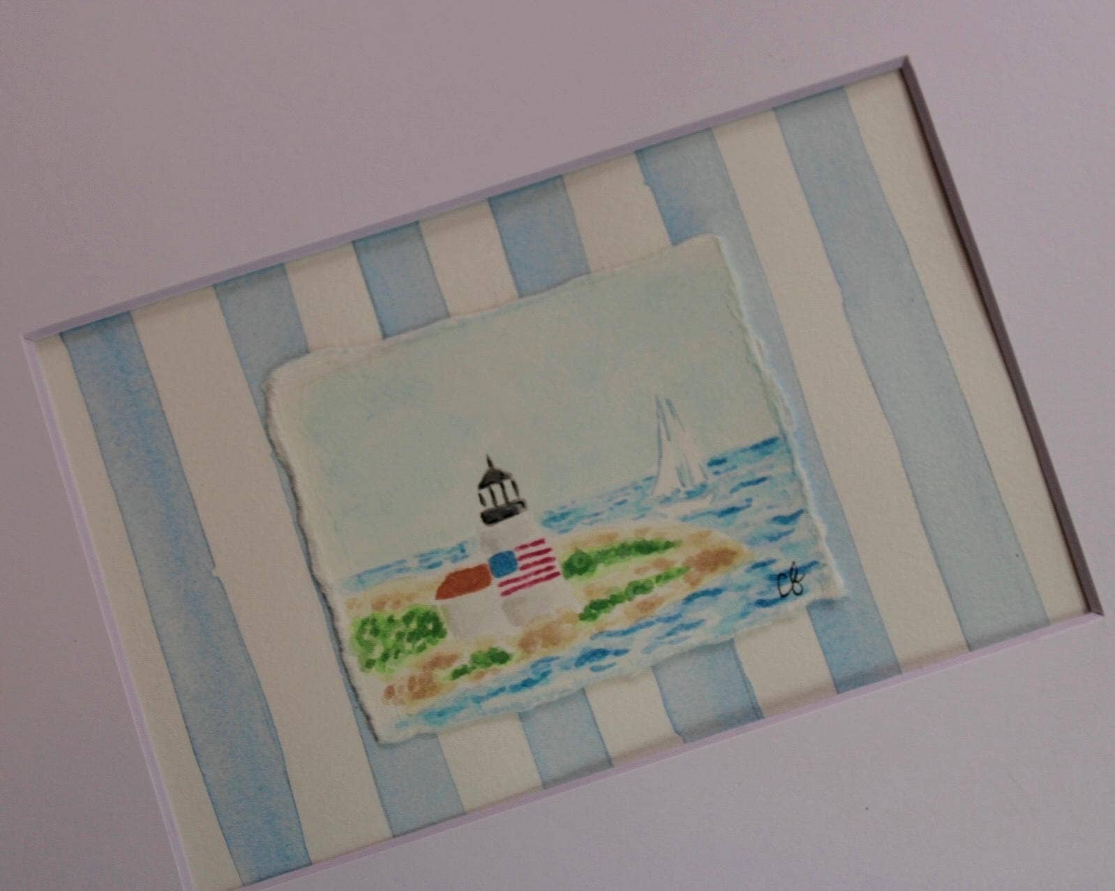 Nantucket Lighthouse Watercolor Painting with Matte Frame: Blue Stripes / 8x10 Frame