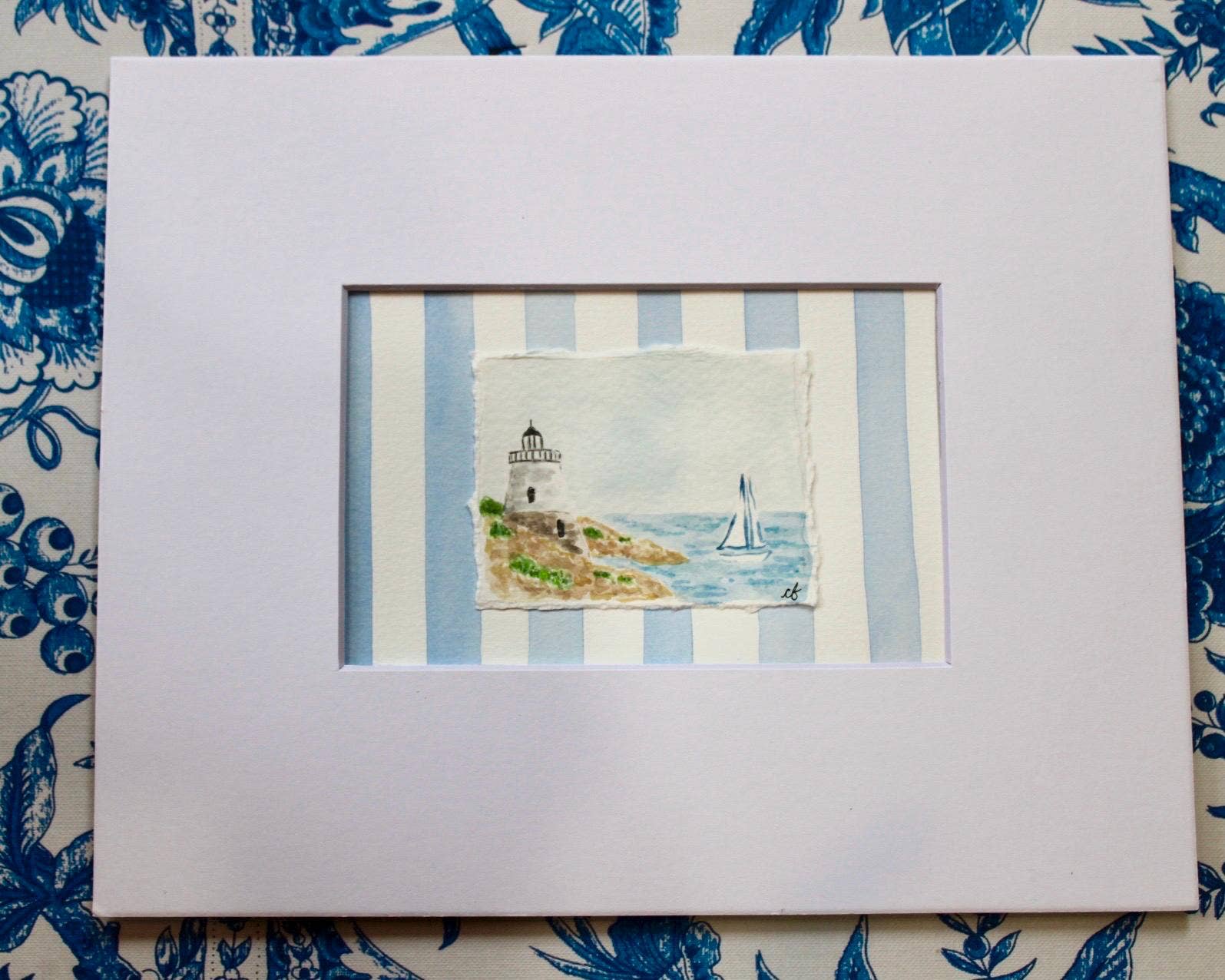Castle Hill Lighthouse Watercolor Painting, Framed 8 x 10