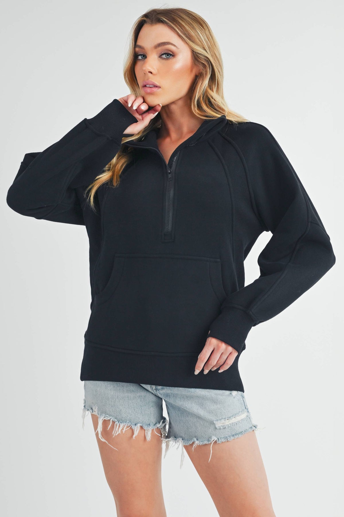 Long Dove Funnel Neck Half Zip: Black