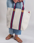 Society Canvas Tote Bag with Leather Customize: Navy/Red w/ Navy Soccer Ball
