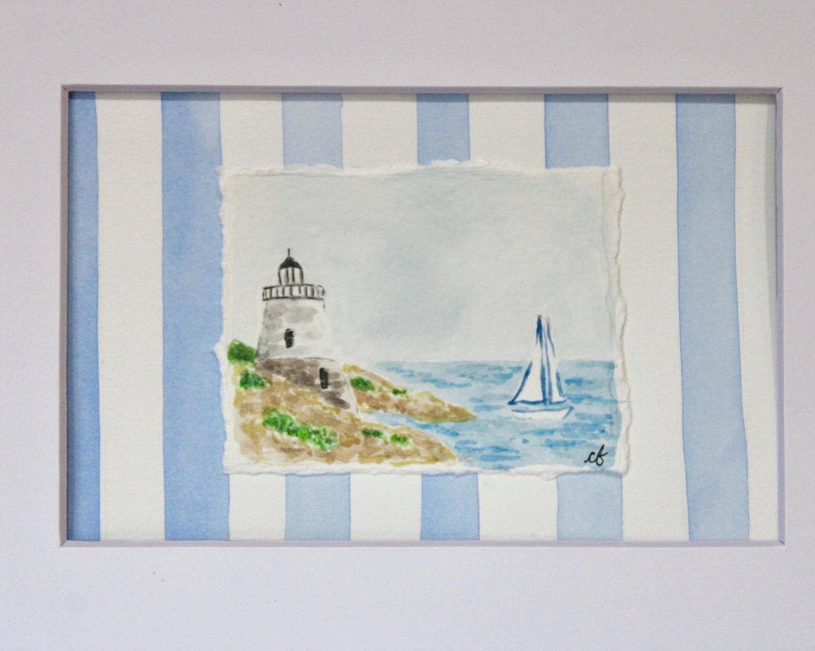 Castle Hill Lighthouse Watercolor Painting, Framed 8 x 10
