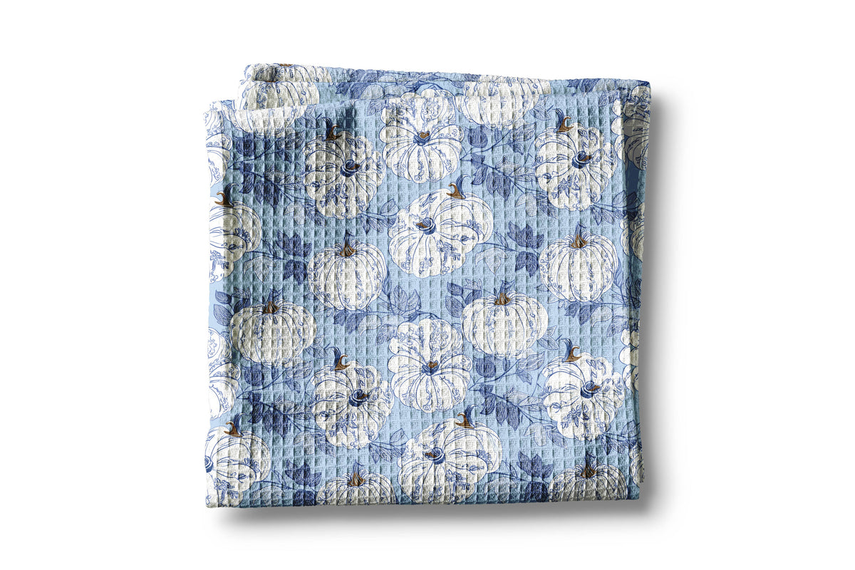 Blue Pumpkin Chinoiserie Fall Coastal Kitchen Towel Waffle