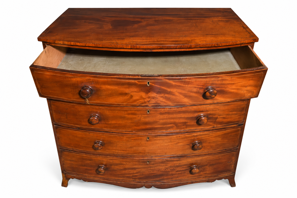 Antique English Mahogany Bowfront Chest, 43.5 in tall x 45.5 x 25.5, Shipping TBD