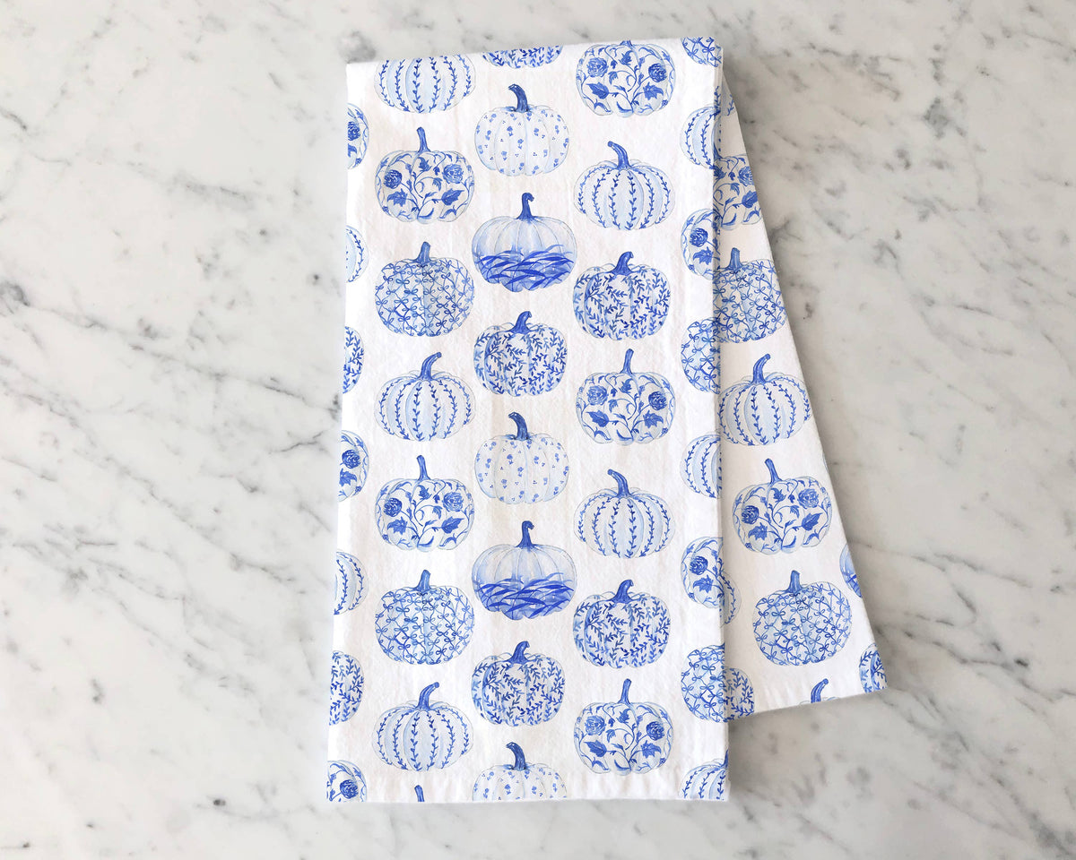 Toile Blue Pumpkins Towel - Chinoiserie Fall Tea Towel
