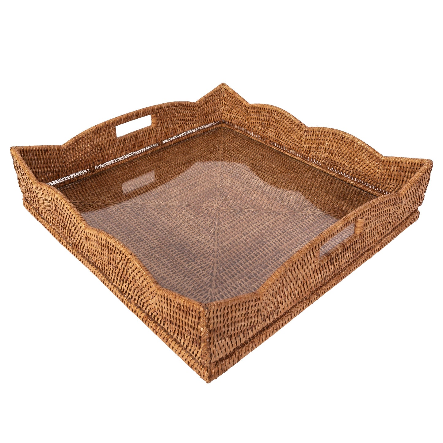 Artifacts Rattan Scallop Square Tray with Glass Insert: 20"x20" / White Wash