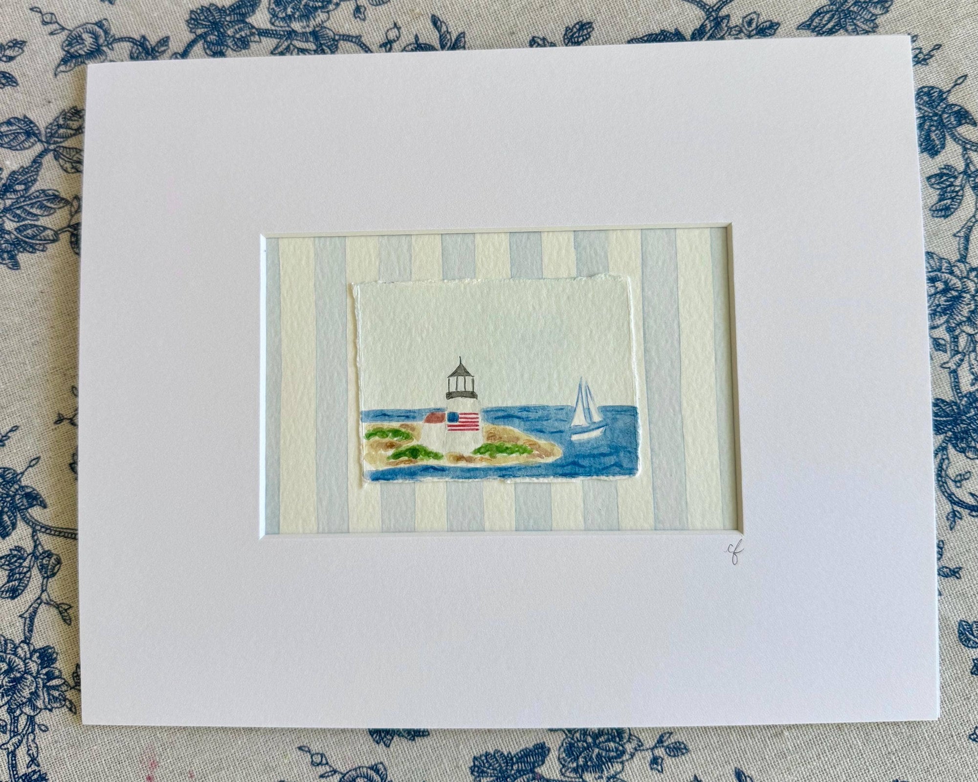 Nantucket Lighthouse Watercolor Painting with Matte Frame: Blue Stripes / 8x10 Frame