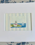Nantucket Lighthouse Watercolor Painting with Matte Frame: Blue Stripes / 8x10 Frame