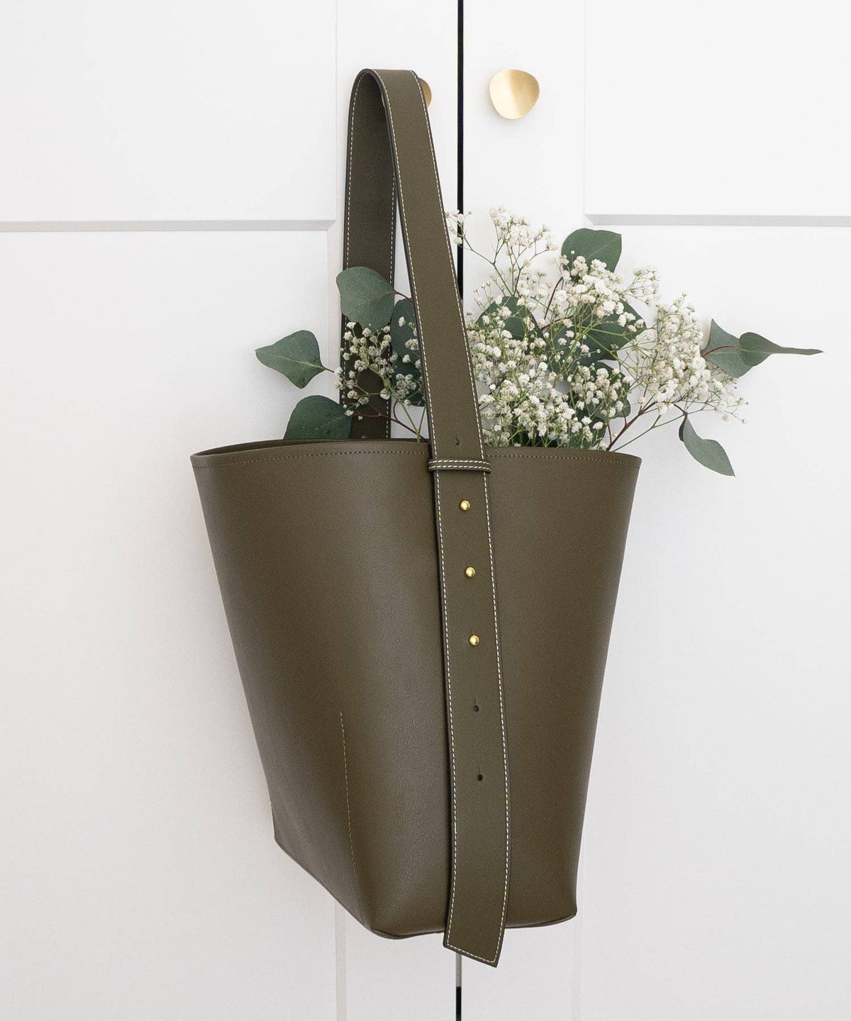 Jolina Bucket Tote - Genuine Leather: Olive/Gold