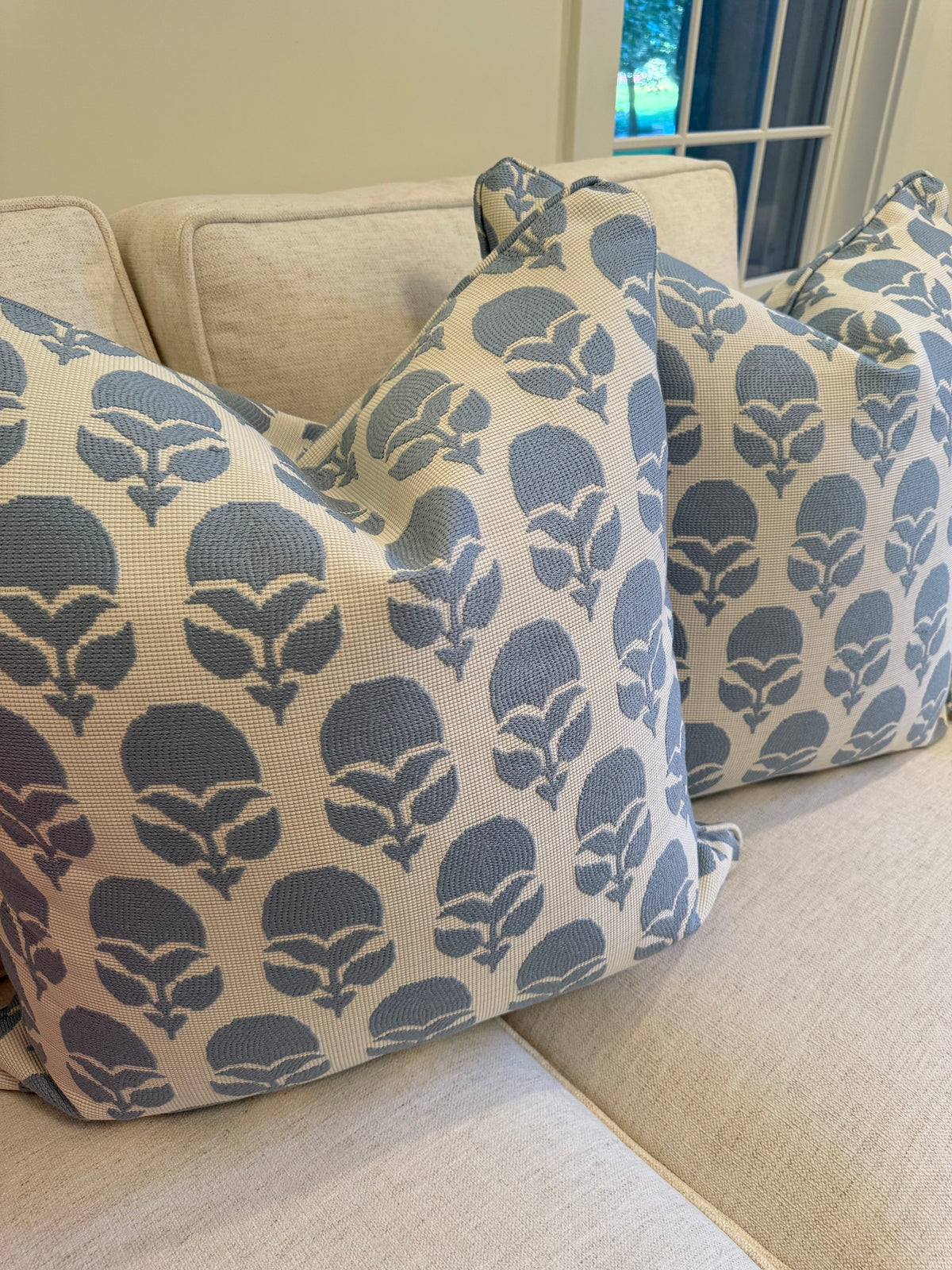 Pair of Anna French Marguerite Sky Covers, self welt and double sided, 22” for 24” inserts