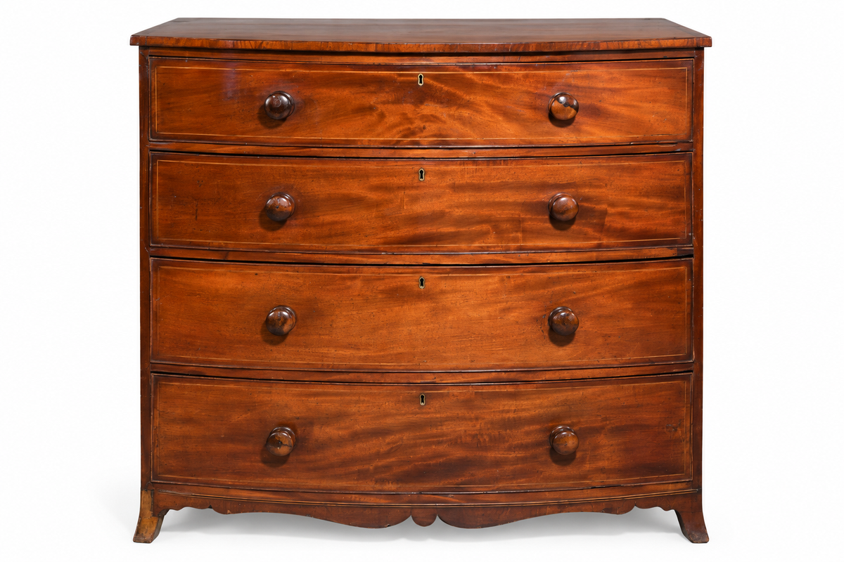 Antique English Mahogany Bowfront Chest, 43.5 in tall x 45.5 x 25.5, Shipping TBD
