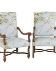 Pair of French Floral Upholstered Fireside Arm Chairs - to be reupholstered, price dependent on fabric selection (examples included)