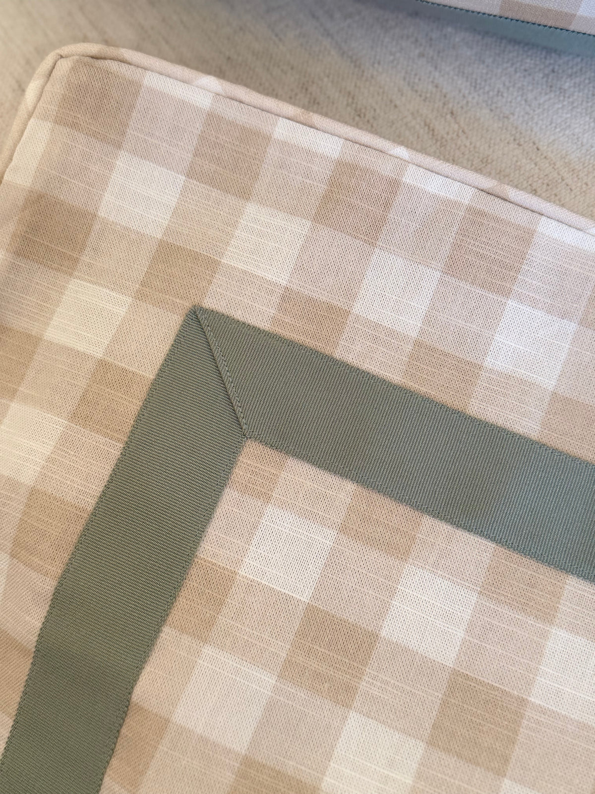 Pair of Fawn Checked Euros, self welt and mitered box, 26” for 28” inserts