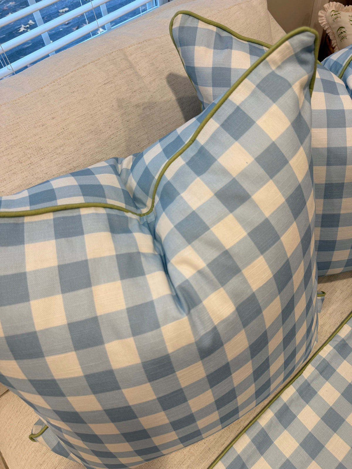 Set of 3 Covers, Blue and White Check, double sided with green welt, 22” for 24” inserts