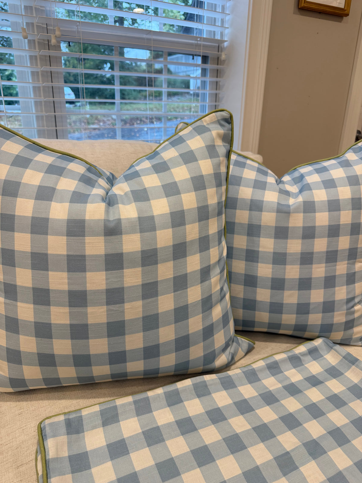 Set of 3 Covers, Blue and White Check, double sided with green welt, 22” for 24” inserts