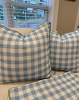 Set of 3 Covers, Blue and White Check, double sided with green welt, 22” for 24” inserts