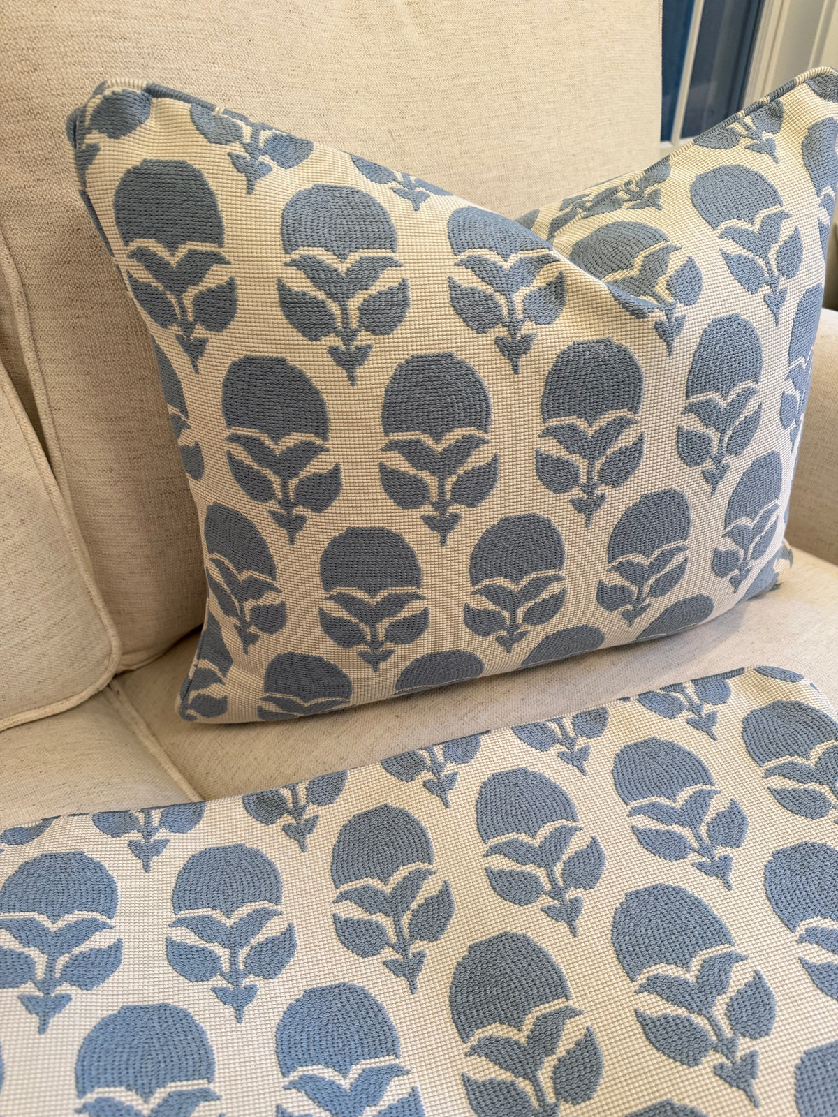 Pair of Anna French Marguerite Sky Covers, double sided and self welt, 16x20” for 18x22” inserts