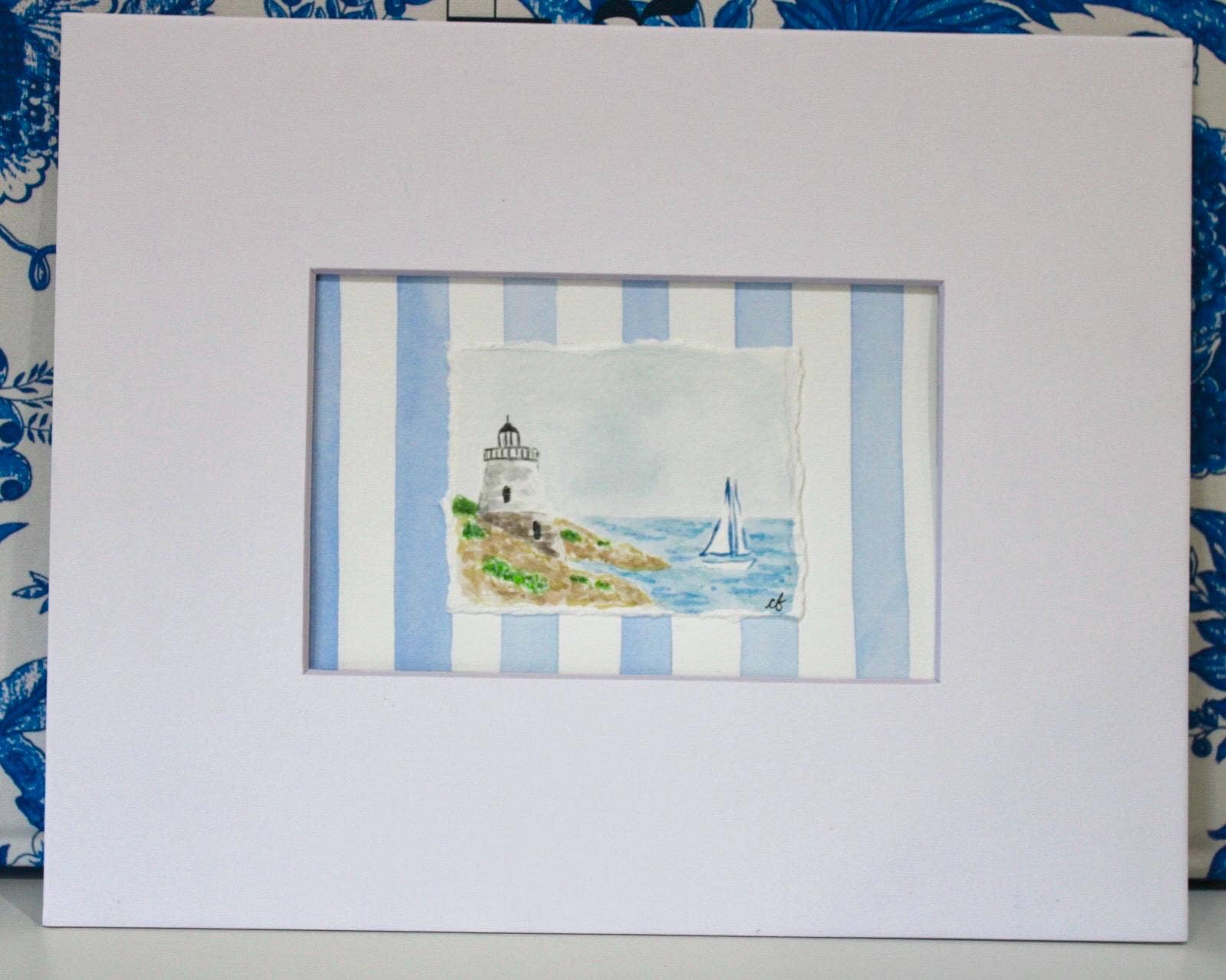 Castle Hill Lighthouse Watercolor Painting, Framed 8 x 10